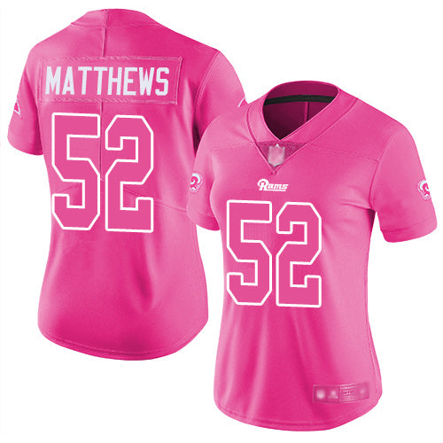 Nike Los Angeles Rams #52 Clay Matthews Pink Women's Stitched NFL Limited Rush Fashion Jersey Womens