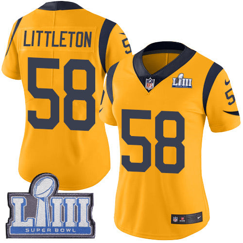 Nike Los Angeles Rams #58 Cory Littleton Gold Super Bowl LIII Bound Women's Stitched NFL Limited Rush Jersey Womens
