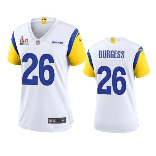 Los Angeles Los Angeles Rams #26 Terrell Burgess Women's Super Bowl LVI Patch Nike Alternate Game NFL Jersey - White Womens
