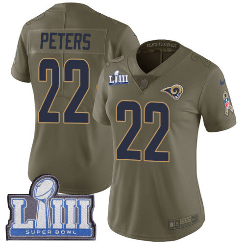 Nike Los Angeles Rams #22 Marcus Peters Olive Super Bowl LIII Bound Women's Stitched NFL Limited 2017 Salute to Service Jersey Womens