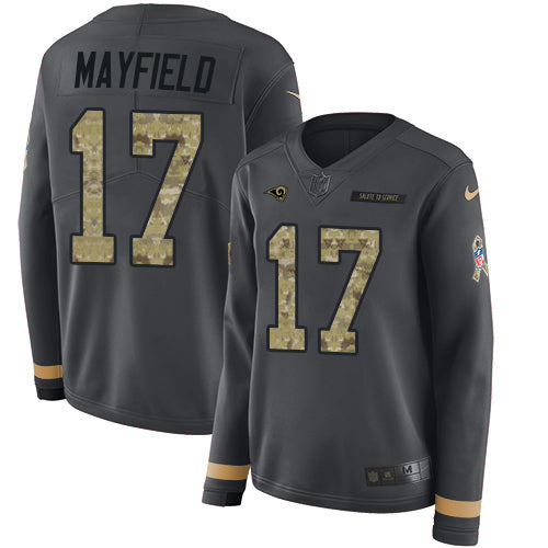 Nike Los Angeles Rams #17 Baker Mayfield Anthracite Salute to Service Women's Stitched NFL Limited Therma Long Sleeve Jersey Womens