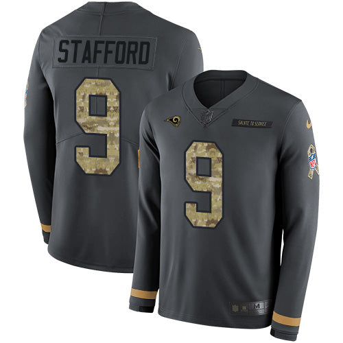 Los Angeles Los Angeles Rams #9 Matthew Stafford Anthracite Salute to Service Men's Stitched NFL Limited Therma Long Sleeve Jersey Men's